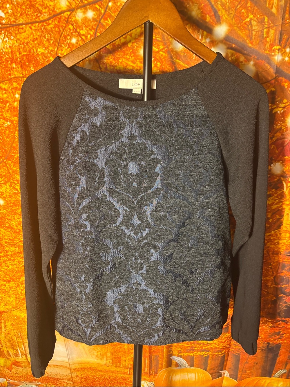 LOFT Black Sleeves with Navy Damask Pattern Raglan Top